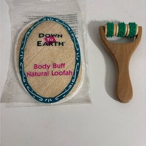 Down To Earth  Body Buff Loofah And Wooden  Massage Roller , Both BRAND NEW!